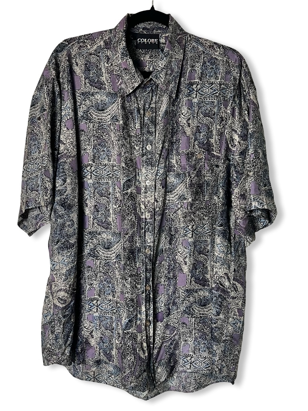 Colore Italia Mens VTG 90s Silk Button Up Abstract Purple Taupe Black Sz. L